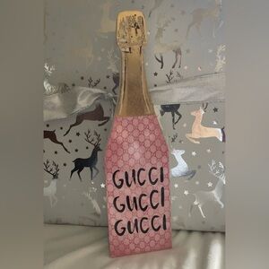 GG Inspired Pink 3D Champagne Bottle Wood Decor 13” Decor Luxury Designer